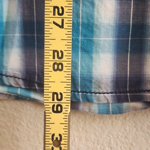 Moonshine Spirit Shirt Mens Medium Blue Plaid Short Sleeve Western Pearl Snap - Picture 10 of 11